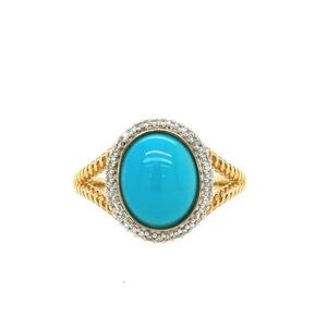 14 kt Solid Gold Oval Cabochon Turquoise and Diamond cocktail ring size 9 1/4